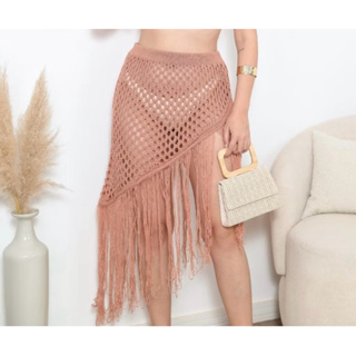 Saida de Praia Saia Curta Tricô Assimétrica Com Franjas Longas em Oferta na Shopee