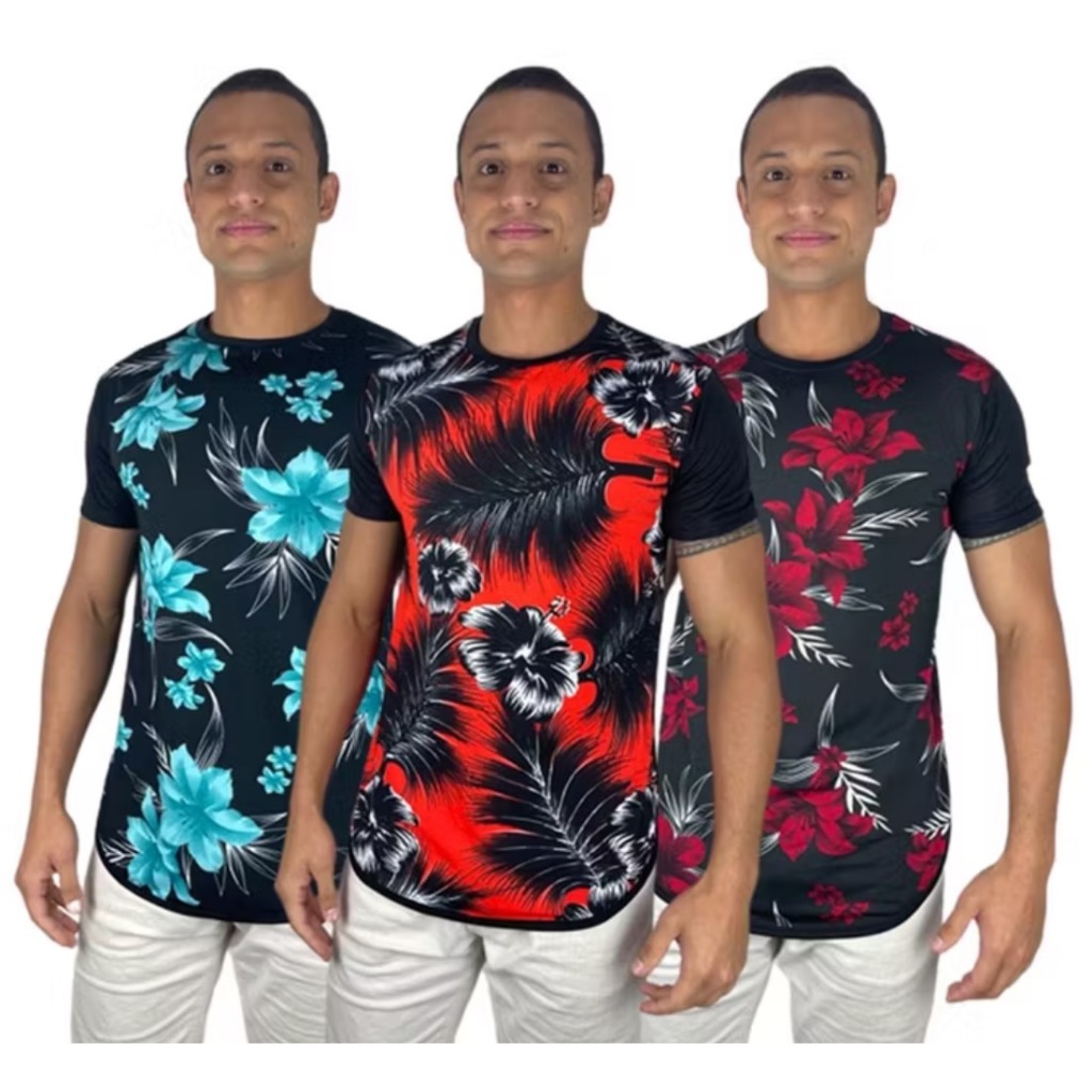 Kit 02 Camiseta Long Line Floral Masculina , Camiseta Florida Estilo e Leveza para seu Look