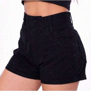 Short Jeans Feminino Hot Pants Preto com Brilho Cintura Alta