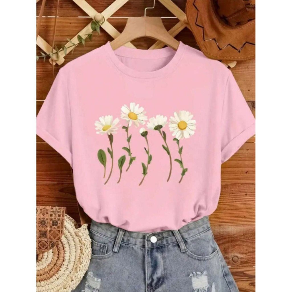 Camiseta Feminina Margaridas Estampada 100% Algodão Oversized Blusa Casual Estilo Street Tendência