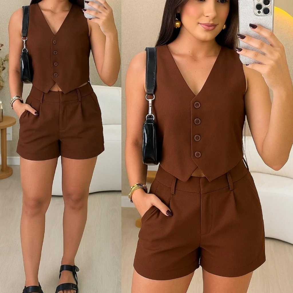 CONJUNTO  FEMININO SOCIAL EN ALFAIATARIA PERFEITO PARA TRABALHO OU  PASSEIO COLETE E SHORTS