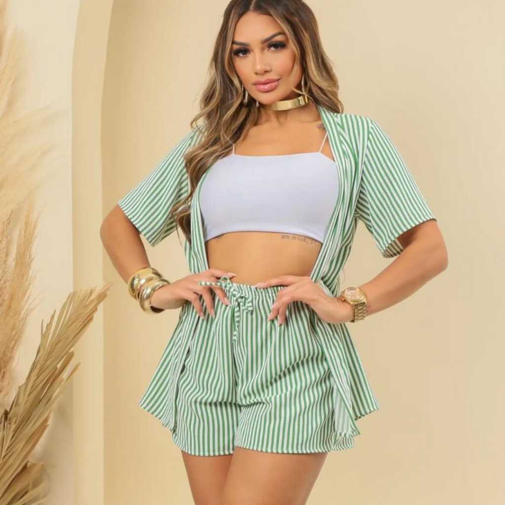 Conjunto feminino Kimono Listrado e liso 2 Peças Short e Kimono  Elegante Verão Dia  a Dia Praia