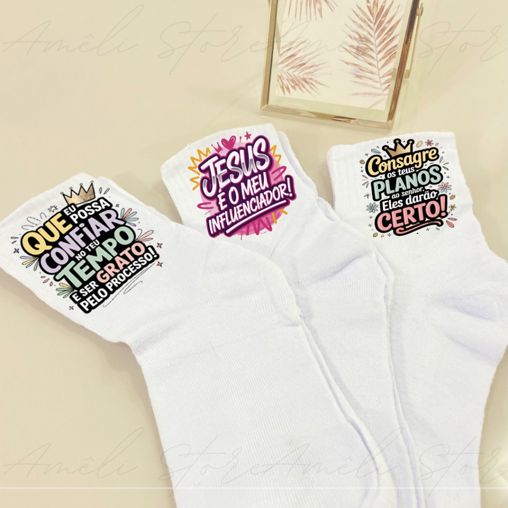 Meias Cristãs com Frases de Fé | Estilo Gospel | Mensagens Inspiradoras de Amor e Esperança Kit 03 Pares Personalizados em Oferta na Shopee