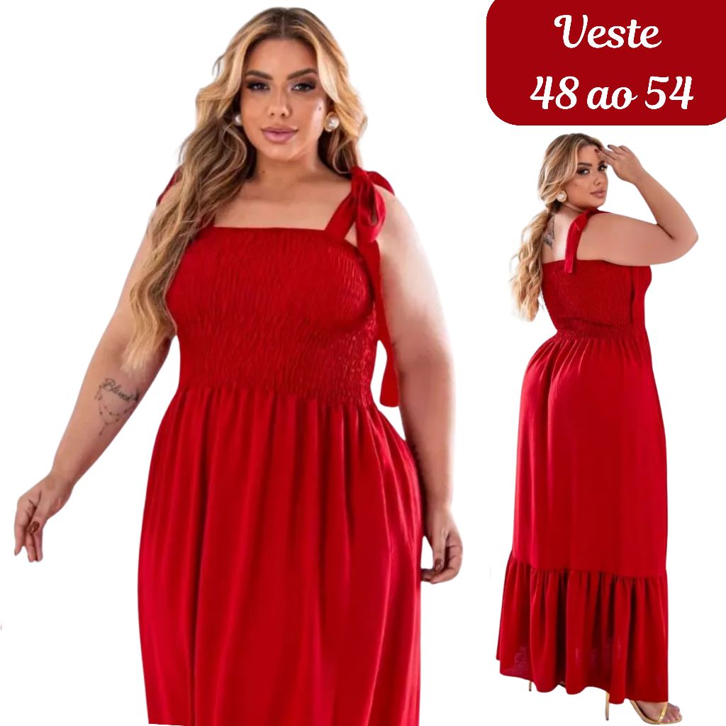 Vestido Longo Plus Size no Crepe Dunas, Alças de Amarrar, Corpo de Lastex, Soltinho, Modelo Casual em Oferta na Shopee