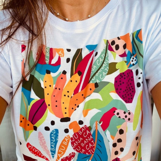 T-Shirt Feminina Estampada Frutas Tropicais Casual Moda Verão Confortável em Oferta na Shopee