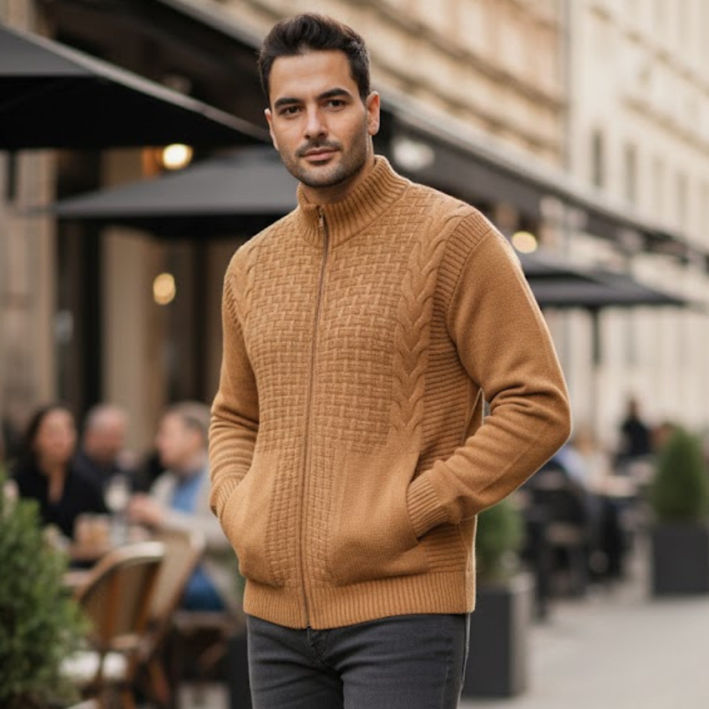 Jaqueta Tricô Masculina com Zíper e Bolsos Casaco Tricot Masculino Casual Moderno Inverno P M G GG