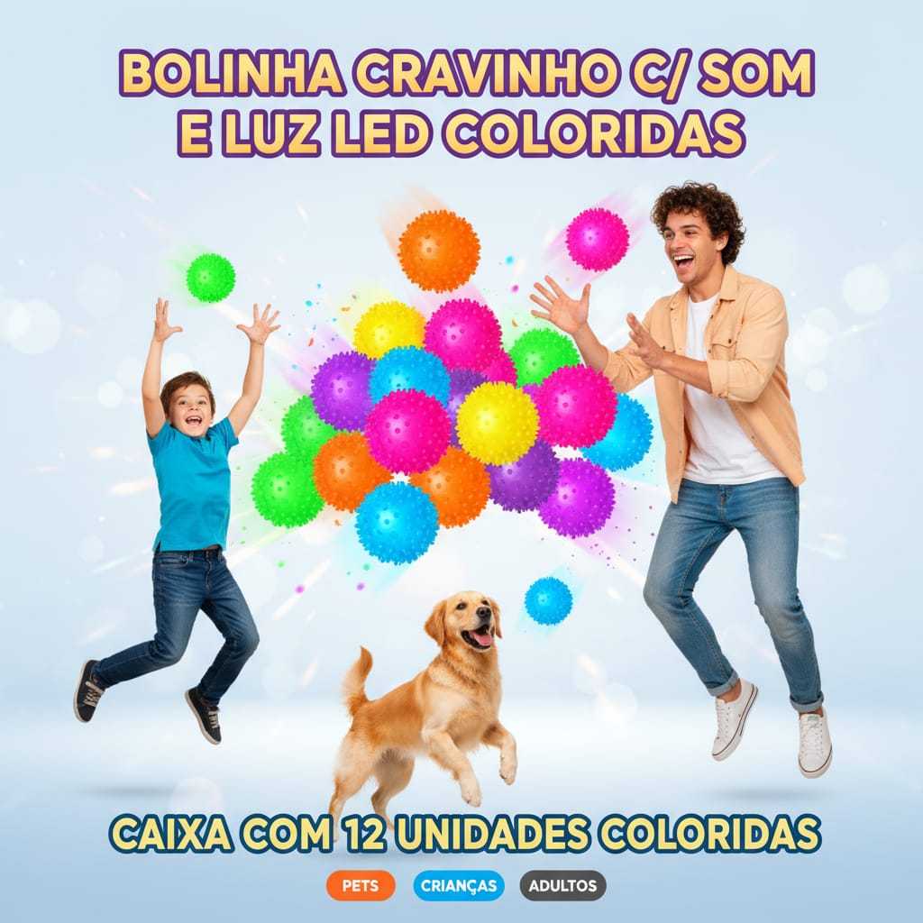 Bolinha Cravinho com Luz LED CAIXA COM 12 UN. Brinquedo Sensorial Luminoso Antiestresse Infantil/PET