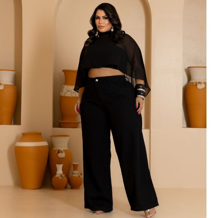 Calça Jeans Feminina Wide Leg Plus Size Preta