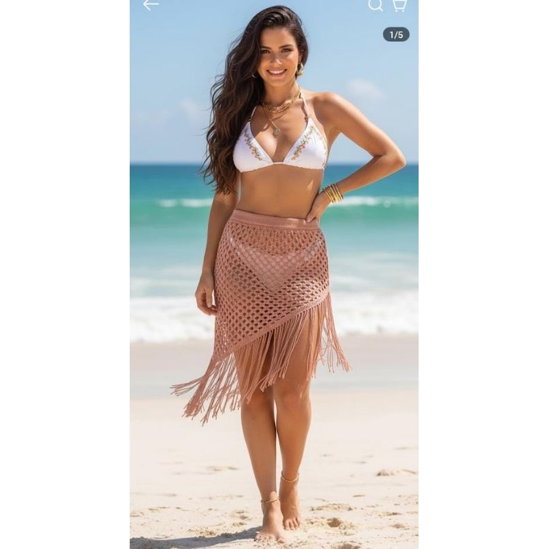 saída praia saia curta tricô franja ponto crochê rendada com franjas moda verão feminina