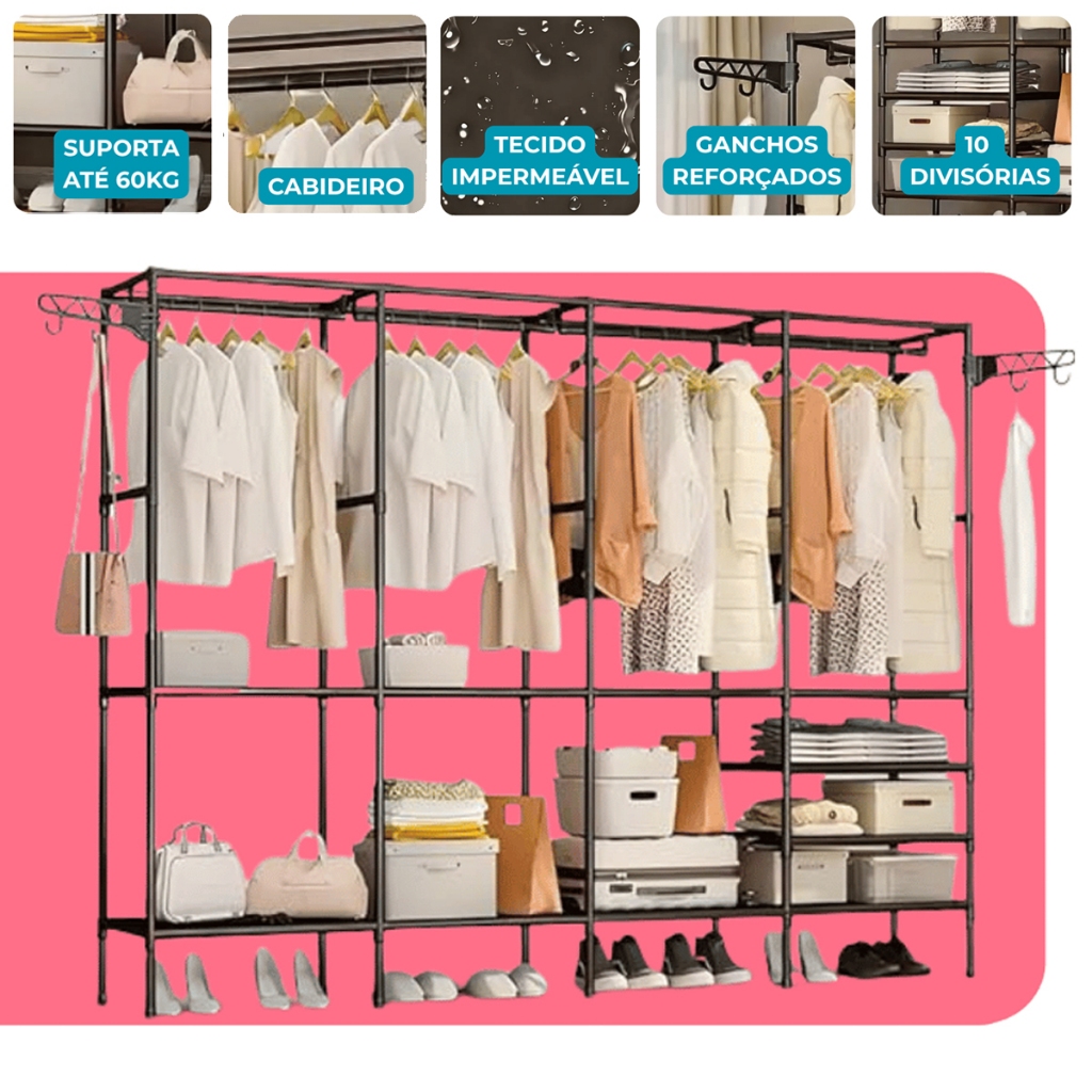 Guarda Roupa Tubular Slim Closet Aberto Organizador De Roupas Desmontavel Arara Organizadora Tippi