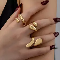 Kit 3 Anéis Femininos Irregulares Modernos Ajustável Banhados a Ouro 18K e prata 925