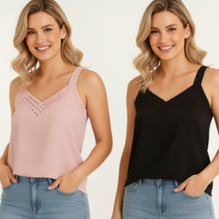 Kit 2 Blusas Regata Feminina em Crepinho  com tiras na frente lindo detalhe em Oferta na Shopee