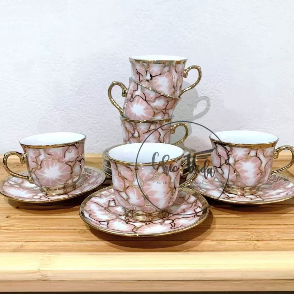 Xícara de café kit com 12 peças de Cerâmica em porcelana Rachaduras artísticas ROSA