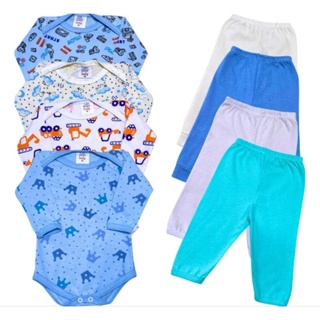 Kit Conjunto Enxoval Bebê 8 Peças  Body estampado manga longa e Mijão  100% algodão. em Oferta na Shopee