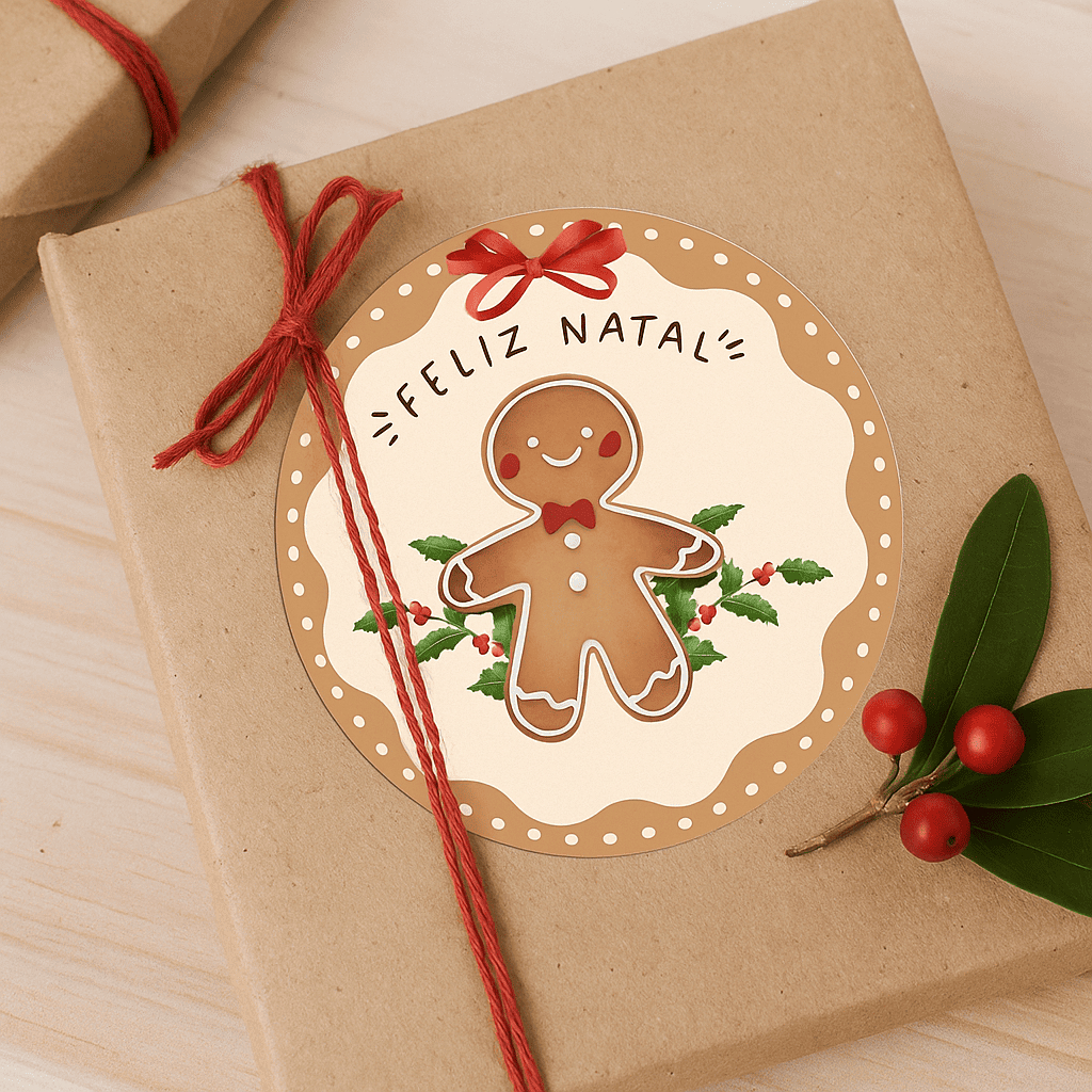 Adesivo Natalino Feliz Natal Biscoito de Gengibre 🎄 Papel Adesivo Glossy para Presentes e Lembrancinhas