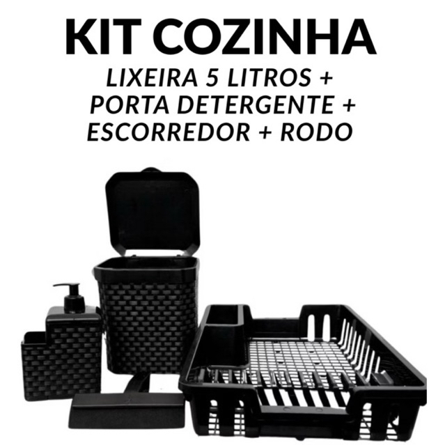 Kit Cozinha Completa Escorredor De Louça + Lixeira Pia 5 litros + Porta Detergente + Rodinho de Pia