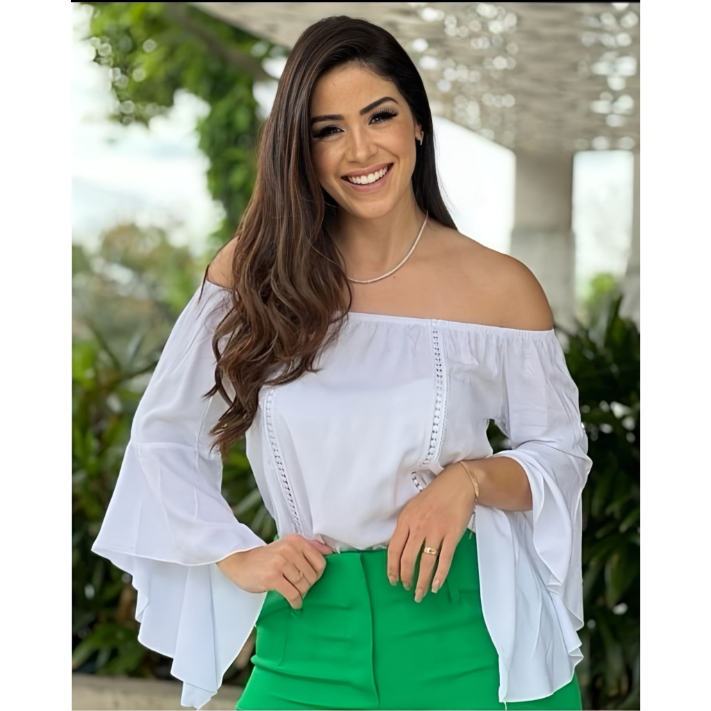 Blusa Ciganinha Manga Flare Viscose Ombro a Ombro Detalhe Renda Tendência