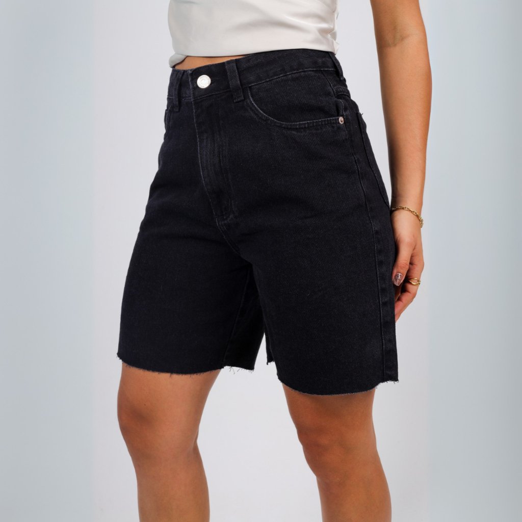 Short Bermuda Preta Pedalete Comprida Jeans Ciclista Tendencia Feminina Cintura Alta Premium