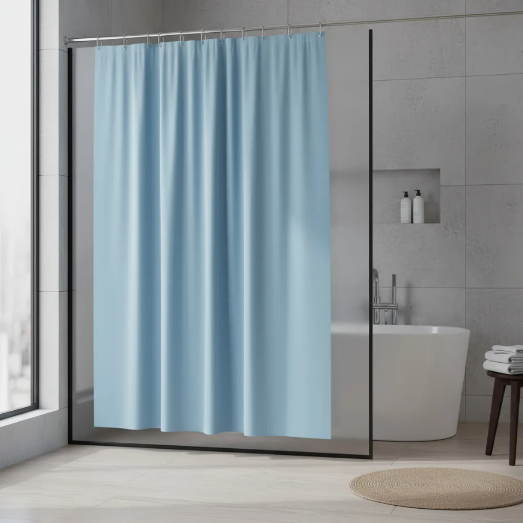 Cortina Box Banheiro Azul Bebê Antimofo 1,80X2,00 100% PVC Com Ganhos Chuveiro Presilhas Impermeável
