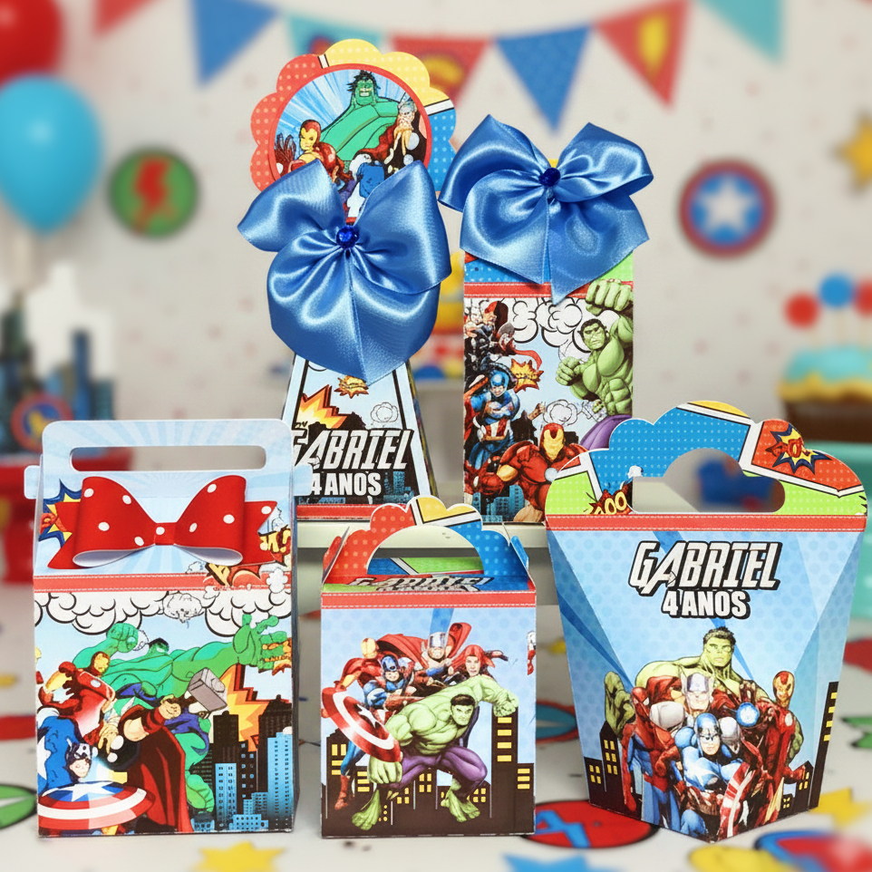 Kit Personalizados caixas Festa Super Heróis Vingadores Caixinha Aniversário Lembrancinha PegueMonte