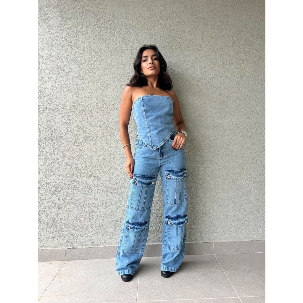 kissmelady 3024 escuro+3022 3023 media+3027 conjunto jeans feminina blusa cropped com calca sem cinto p38 m40 g42 em Oferta na Shopee