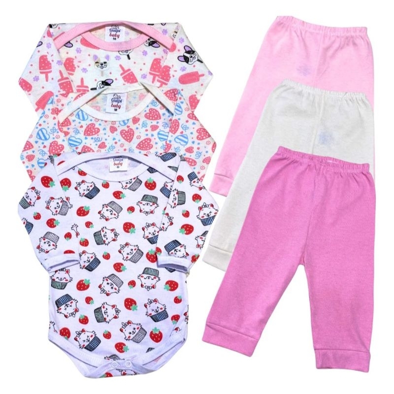 Kit Conjunto Enxoval Bebê 6 Peças  Body estampado manga longa e  Mijão  100% algodão. em Oferta na Shopee