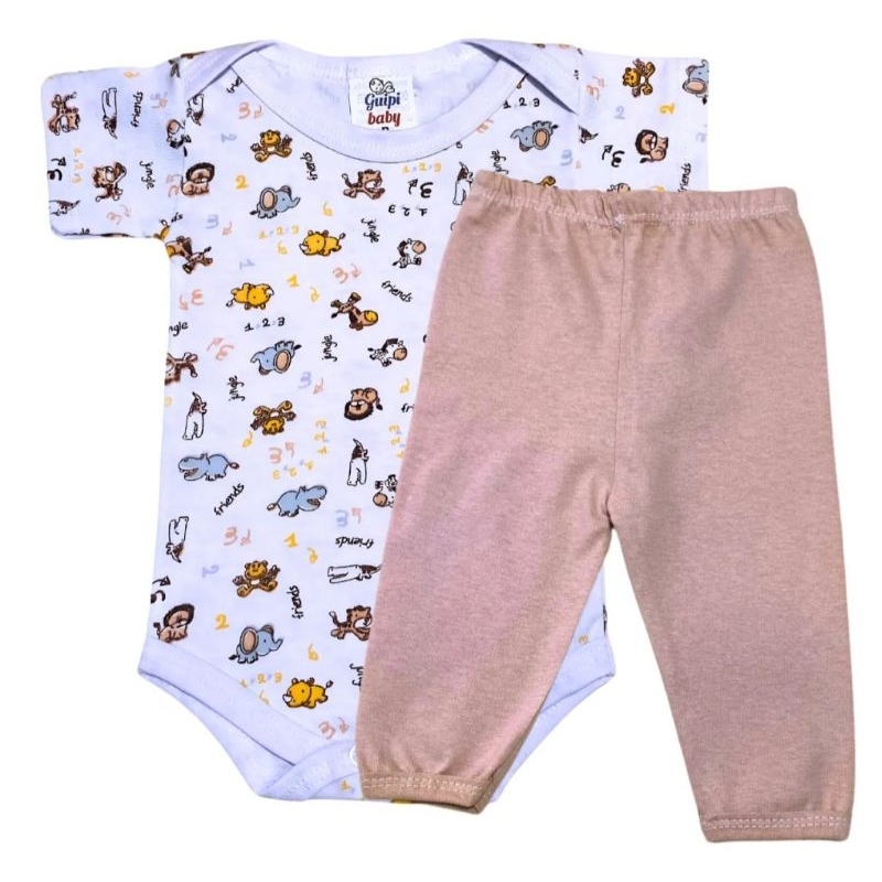 Kit Conjunto Enxoval Bebê 2 Peças  Body estampado manga curta e Mijão  100% algodão. em Oferta na Shopee