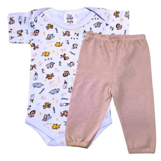 Kit Conjunto Enxoval Bebê 2 Peças  Body estampado manga curta e Mijão  100% algodão. em Oferta na Shopee