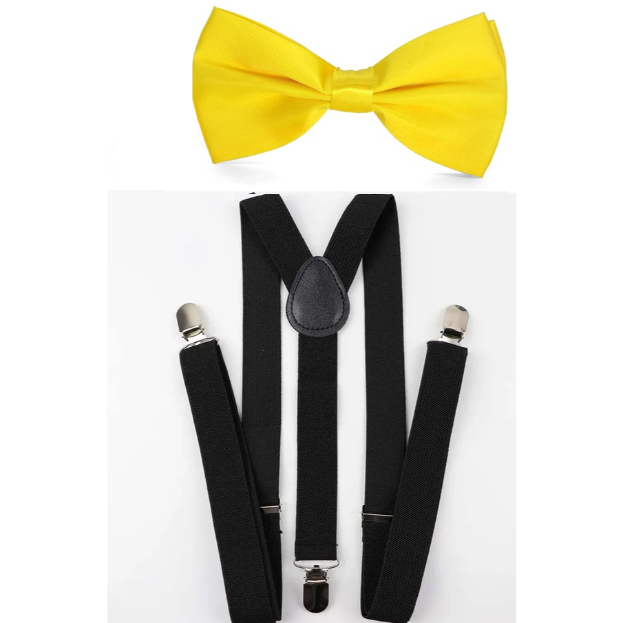 3 Kit Suspensorio Preto + Gravata Borboleta Amarelo - Adulto