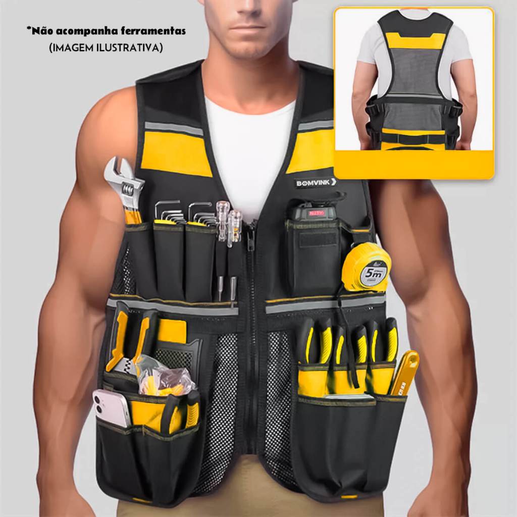 Colete Porta Ferramentas Nylon e Emborrachado Colete Organizacional para Ferramentas com Refletores Colete Ferramentas c