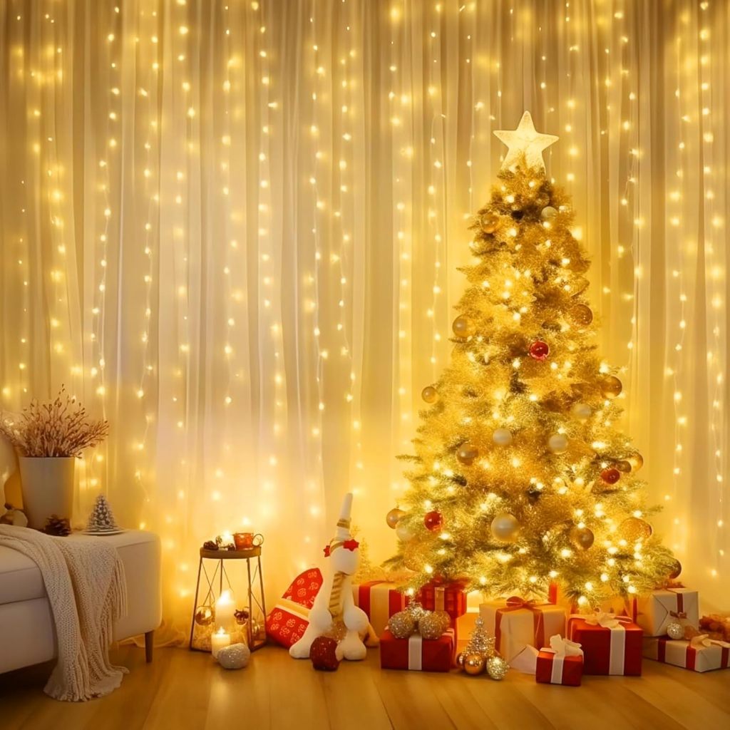 Imagem LED Cortina 3x3 pisca pisca luz cortina romântica para casamento de natal ao ar livre Branco Quente
