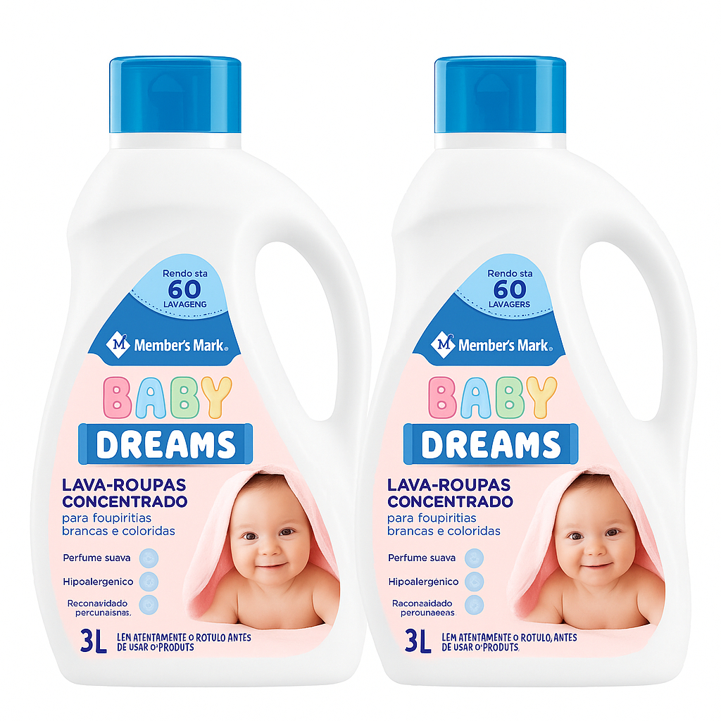Kit 2 Lava Roupas Baby Dreams Members Mark 3L – Sabão Hipoalergênico Concentrado Suave para Bebês