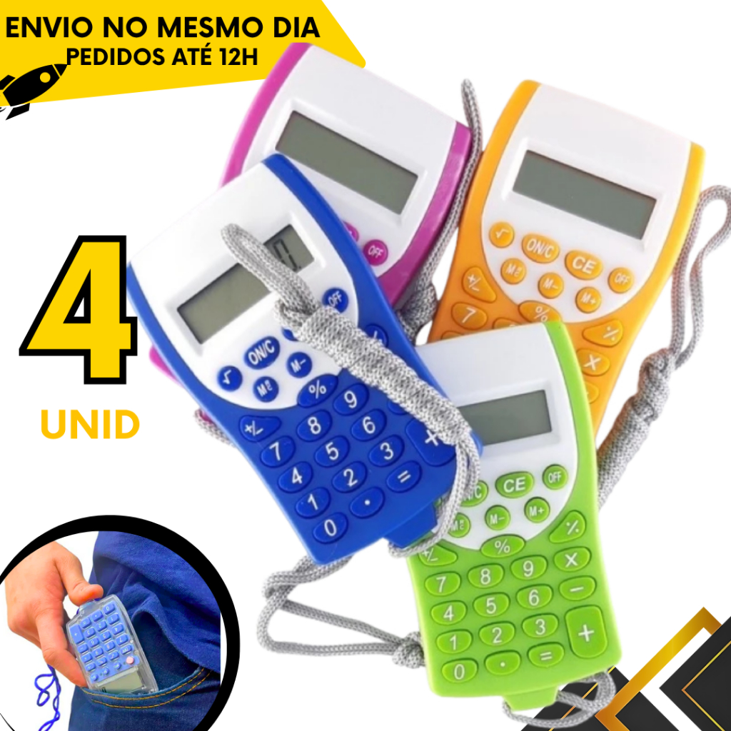 Kit 4, 2 ou 1 un - Calculadora Eletronica c/ Cordão Auto Desligável 8 Dígitos Portátil Colorido