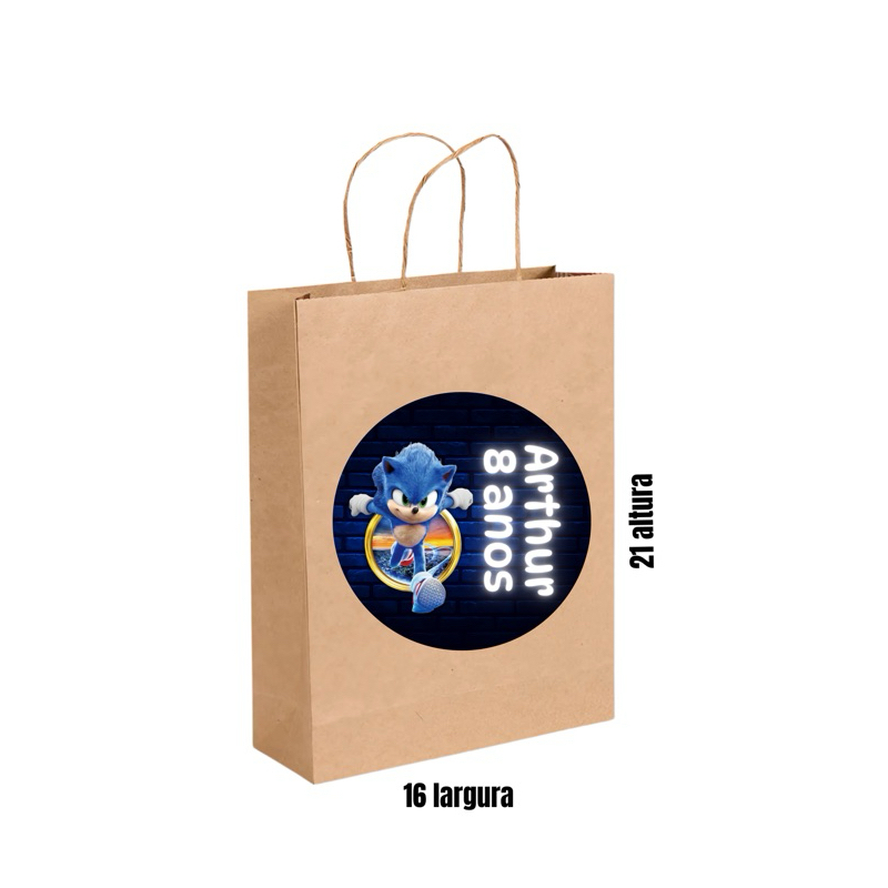 SACOLA KRAFT JÁ PERSONALIZADA TEMA | SONIC COM ADESIVO REDONDO - TAMANHO DO ADESIVO 10X10 | Lembrancinhas festa infantil