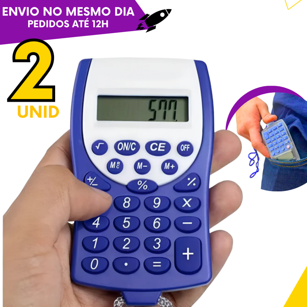 Calculadora Eletrônica de Bolso 8 Dígitos com Cordão - Kit 2 ou 1 un