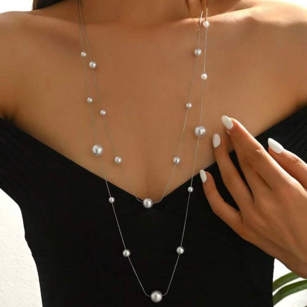 Colar Longo Feminino Duplo com Pérolas Grandes e Pequenas – Corrente Fina  Banhado a Ouro 18K e parata 925