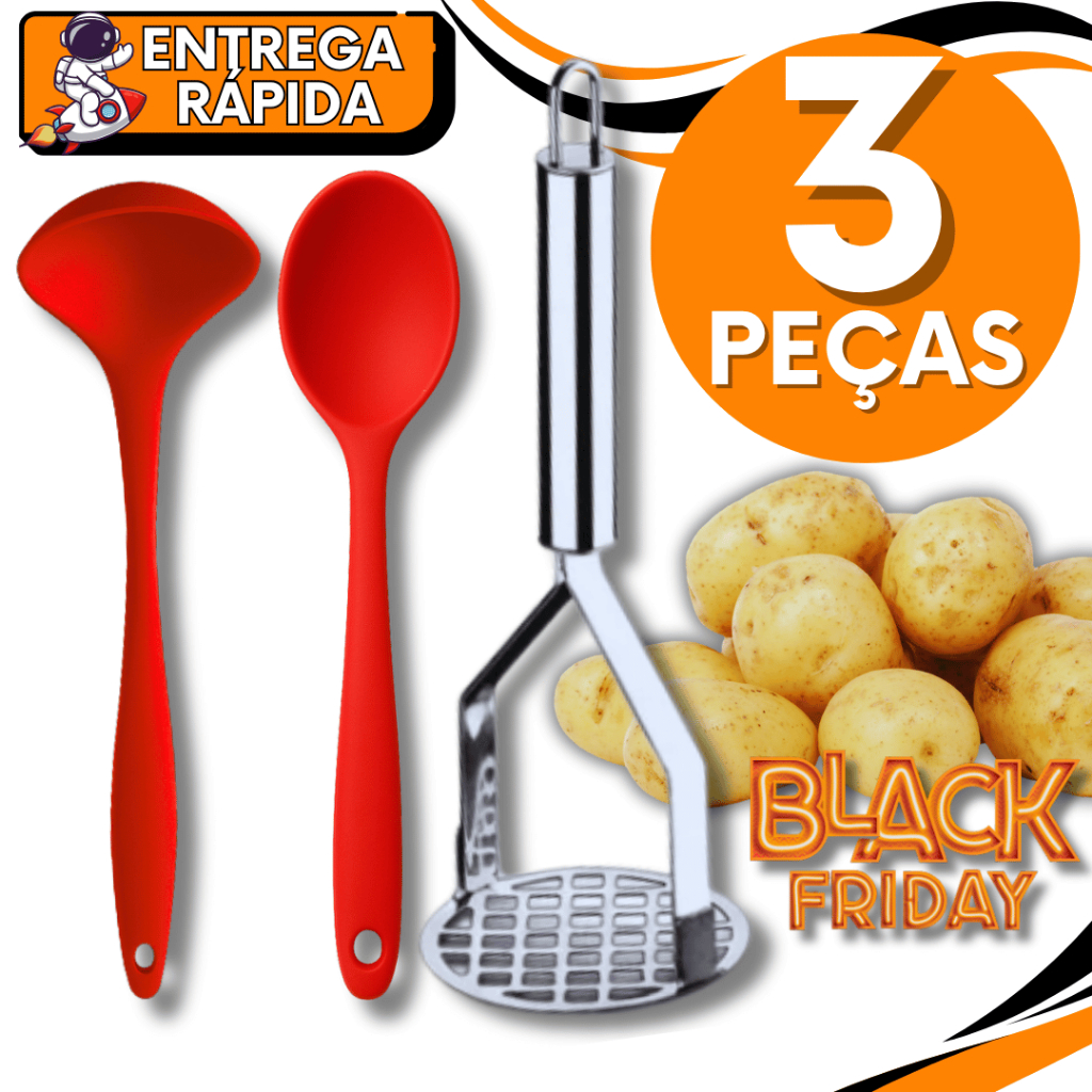 Utensílios de Cozinha Premium 03  Unidades - Concha Multiuso Silicone  Colher de Arroz Casa Cozinha Amassador de Batatas