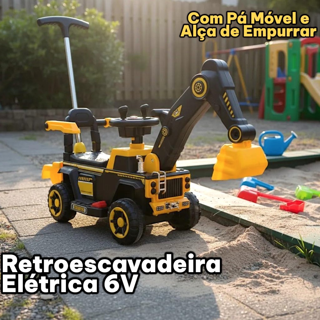 Retroescavadeira Elétrica 6V com Pá Móvel e Alça de Empurrar, Amarela, Divertida, Resistente