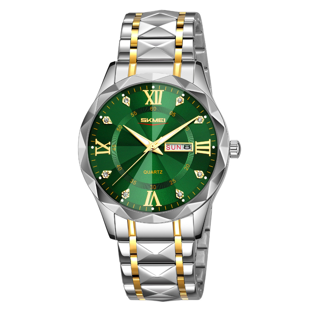 Zeblaze&SKMEI Men's Quartz Mostrador verde de cinta dourada da moda e atmosférica