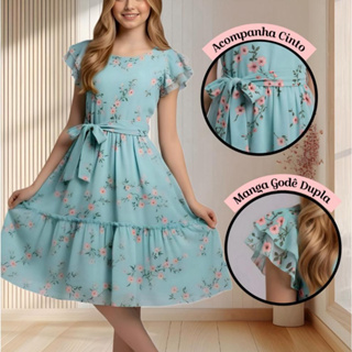 Vestido Juvenil Infantil Luxo Estampado Alta Qualidade Princesa Jovial Social Festa com Cinto em Oferta na Shopee