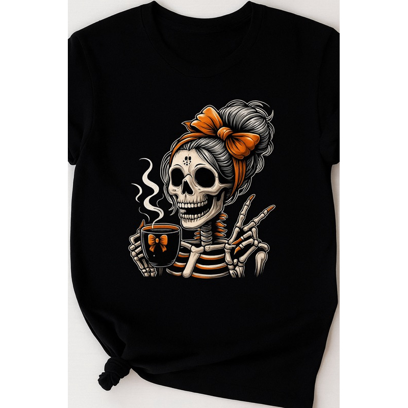 💀 Baby Look Feminina Caveira com Laço – Camiseta Estampada Estilo Rock e Café ☕ em Oferta na Shopee