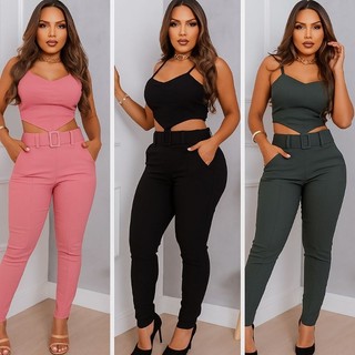 conjunto calça com sinto e cropped bico