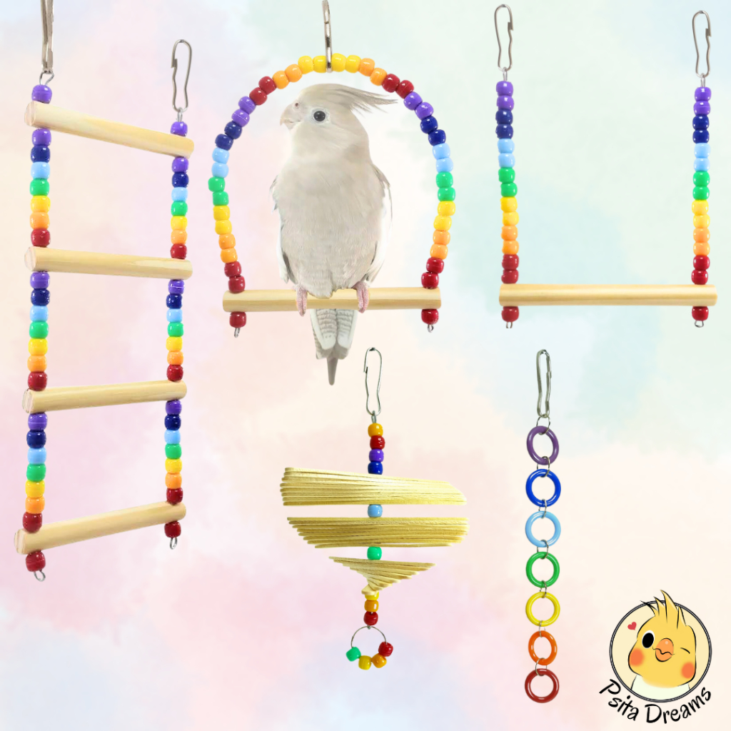 Kit com 3, 4 ou 5 Brinquedos Arco-Íris, calopsita, agapornis, periquito, aves, brinquedo em Oferta na Shopee