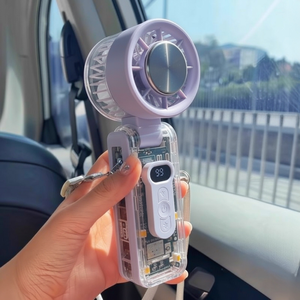 Ventilador Portátil Multifuncional com Luz LED e Tela LCD – 100 Níveis de Velocidade, Recarregável