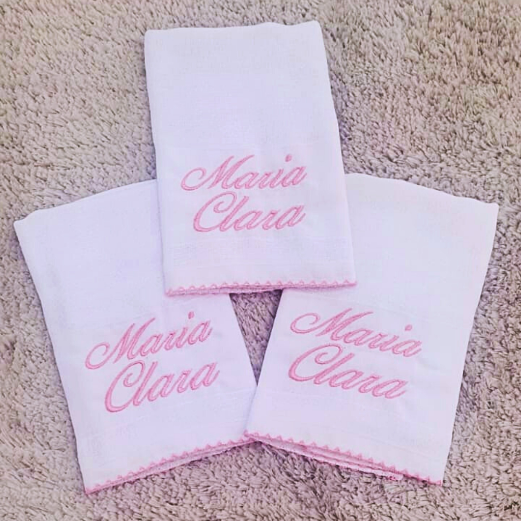 Kit 3 Fraldas de Boca Personalizadas com Nome Bordado Bico de Picueta 100% Algodão Bebê Enxoval em Oferta na Shopee