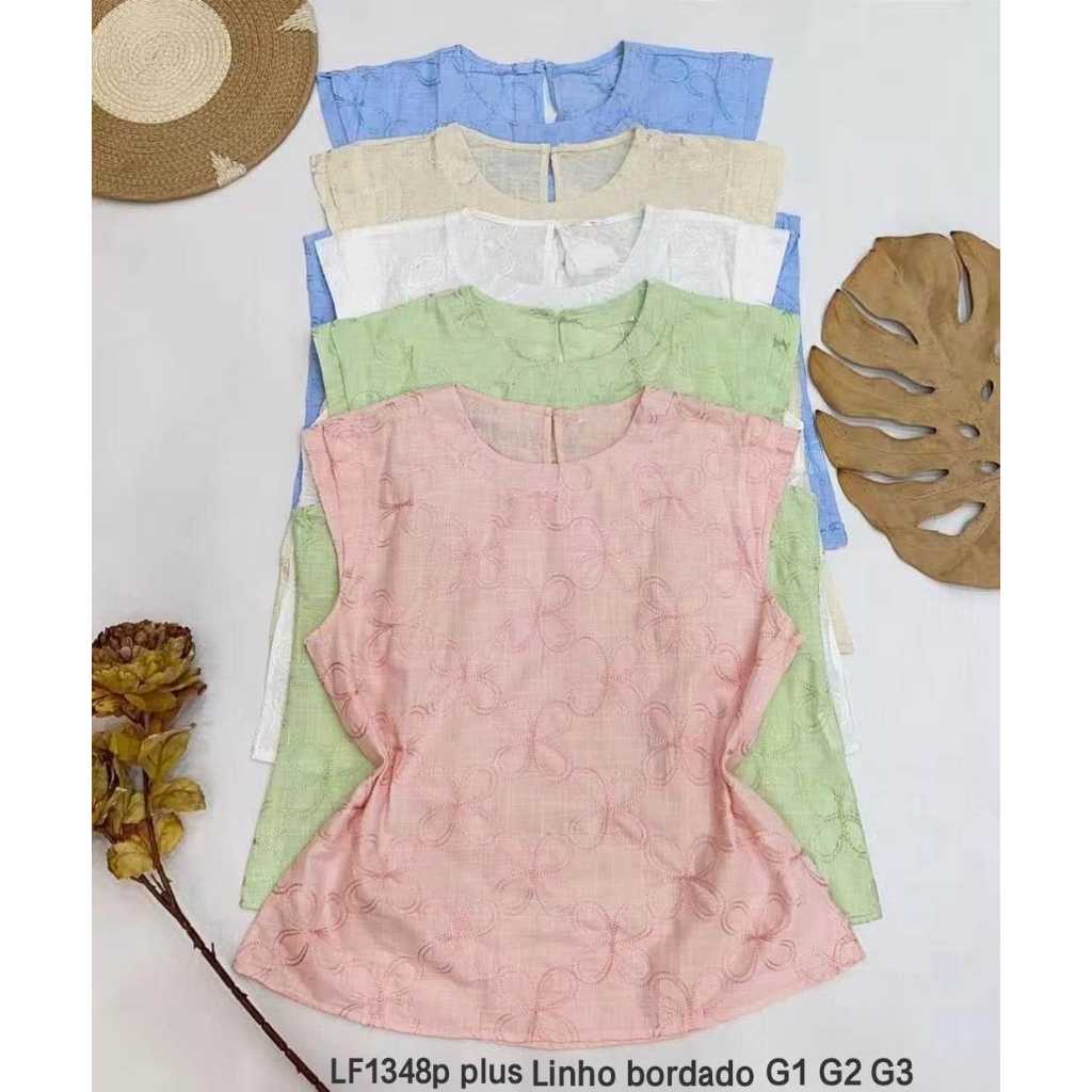 Regata plus size Linho bordado importado LF1348P em Oferta na Shopee