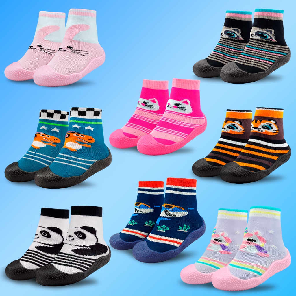 Kit 2 Pares Meia com Sola Bebê Sortida BB&Kids Emborrachada Estampas Antiderrapante Infantil Unissex em Oferta na Shopee