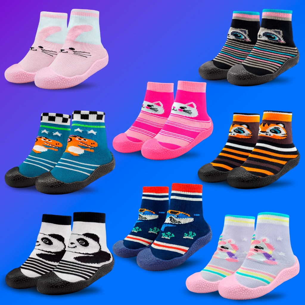 Kit 3 Pares Meia com Sola Bebê Sortida Cano Longo Emborrachada BB&Kids Personagens Meninos e Meninas em Oferta na Shopee