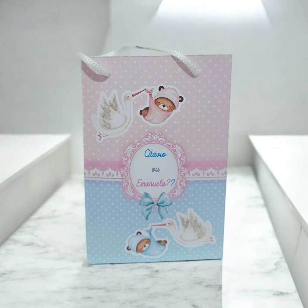 Sacolinha Personalizada com nome 13x20 Chá Revelação Ursinho e Cegonha Festa Bebê Lembrancinhas