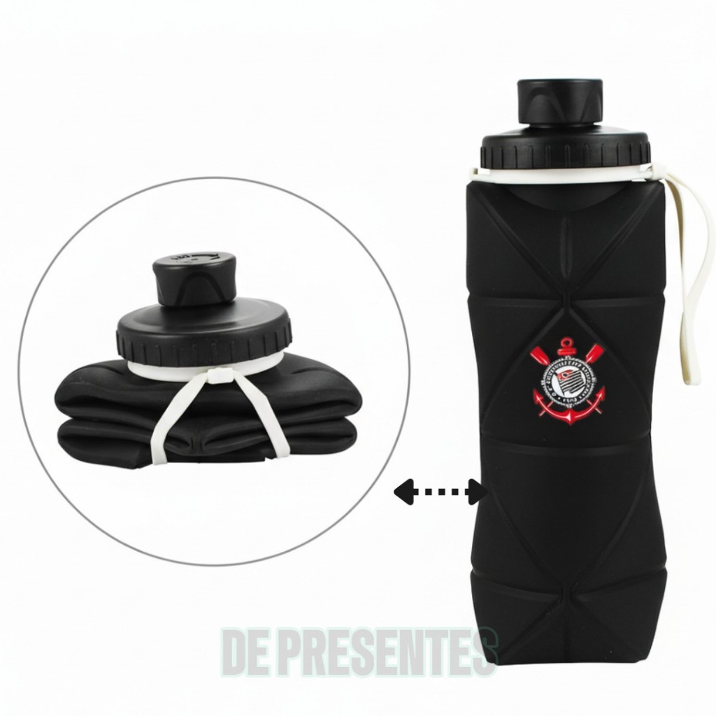 Garrafa Squeeze Dobrável Silicone Corinthians 600ml Brasão Timão Oficial Presente Torcedor VSC004-1B